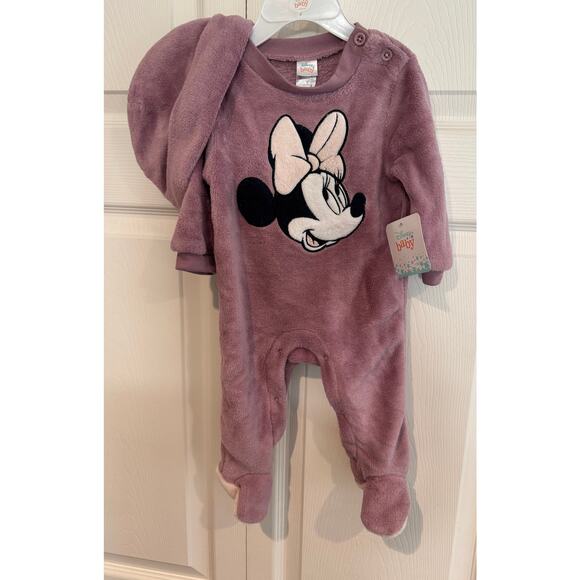 NEW Disney Baby Minnie Mouse Soft Blush Sleeper Onesie + Hat 3-6 mo. - Picture 2 of 8